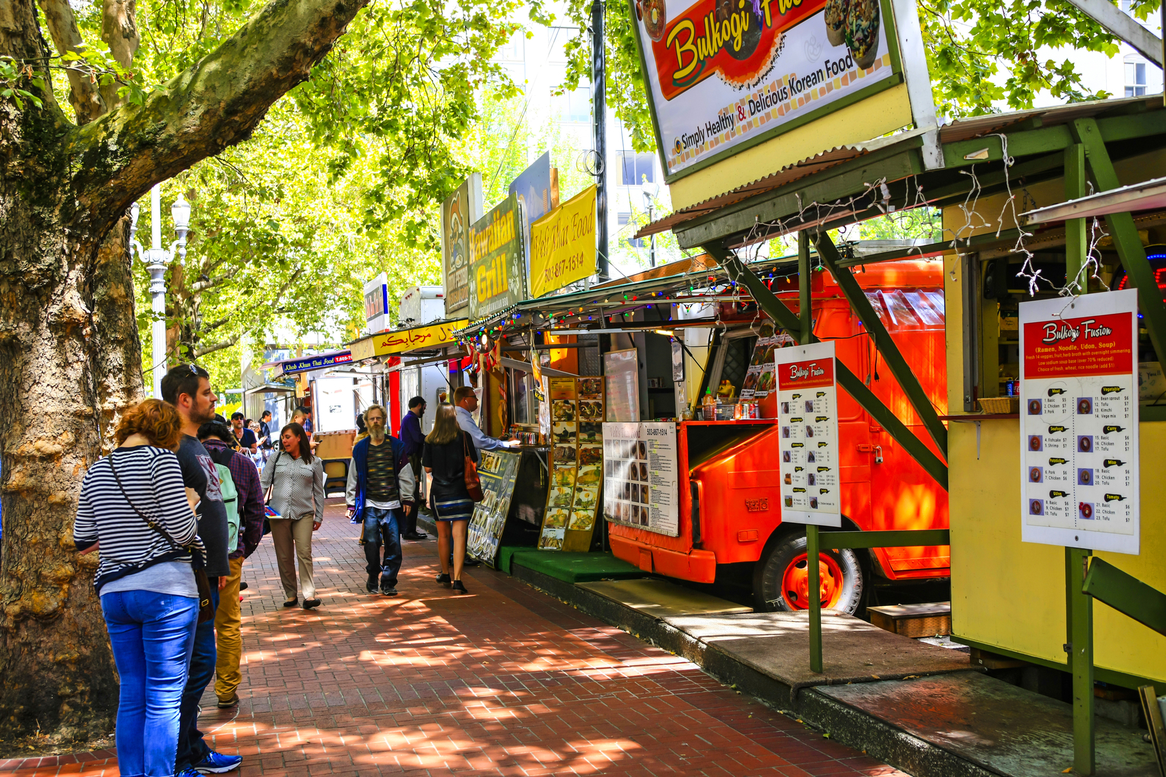 Multi-ethnic fast-food vendors in downtown Portland, Oregon